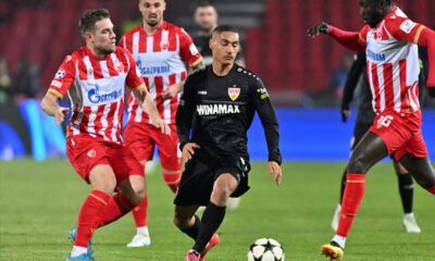 ENZO MILLOT Enco Milo fudbaler Stutgarta na utakmici UEFA Lige Sampiona protiv TIMI MAX ELSNIK Timi Maks Elsnik iz Crvene zvezde na stadionu Rajko Mitic, Beograd 27.11.2024. godine Foto: Marko Metlas Fudbal, Crvena zvezda, UEFA Liga Sampiona, Stutgart