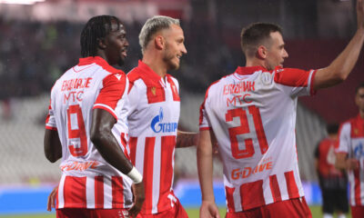 PEPE CHERIF NDIAYE Pepe Cerif Ndiaje, MARKO ARNAUTOVIC, TIMI MAX ELSNIK Timi Maks Elsnik fudbaleri Crvene zvezde na utakmici kvalifikacija za UEFA Ligu Sampiona protiv Linkoln Red Imps Gibraltar na stadionu Rajka Mitica, Beograd 29.07.2025. godine Foto: Marko Metlas Fudbal, Crvena zvezda, UEFA Liga Sampiona , Linkoln Red Imps Gibraltar, Kvalifikacije