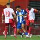 JAY IFEANYI JUNIOR ENEM, fudbaler OFK Beograda, na prvenstvenoj utakmici protiv Vojvodine, i COLLINS LUSAKA SICHENJE, na stadionu SC FSS. Stara Pazova, 09.08.2025. foto: Nebojsa Parausic Fudbal, OFK Beograd, Vojvodina