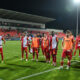 Fudbaleri Vojvodine proslavljaju pobedu na prvenstvenoj utakmici protiv OFK Beograda, na stadionu SC FSS. Stara Pazova, 09.08.2025. foto: Nebojsa Parausic Fudbal, OFK Beograd, Vojvodina
