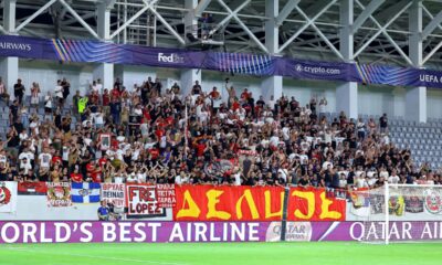 DELIJE, navijaci fudbalera Crvene zvezde, na utakmici UEFA kvalifikacija za Ligu Sampiona, protiv Pafosa, na stadionu Limasol. Limasol, 26.08.2025. foto: MN Press / ss Fudbal, UEFA Liga Sampiona, Pafos, Crvena zvezda