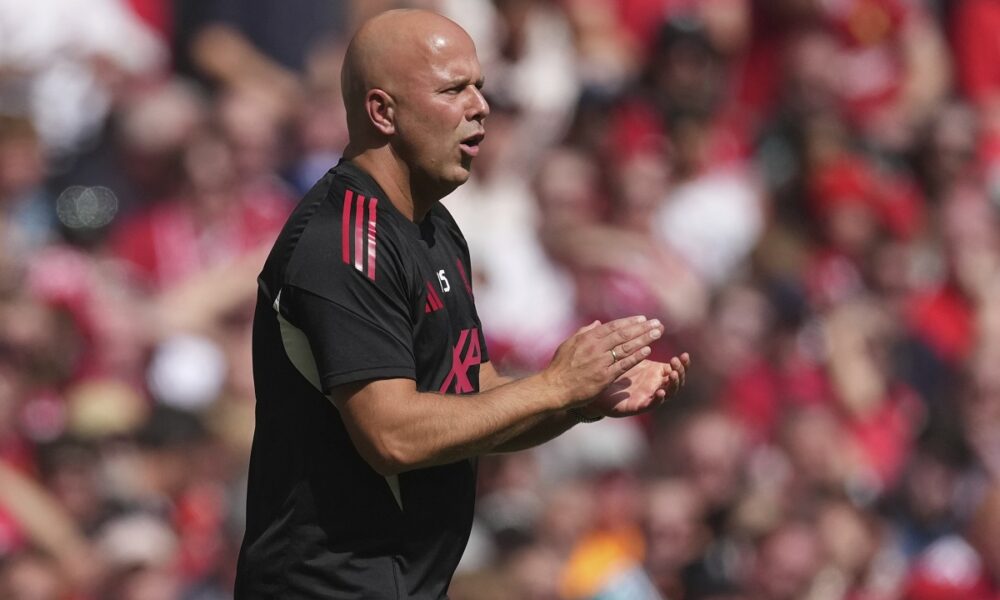 Liverpool's manager Arne Slot reacts during the FA Community Shield final soccer match between Liverpool and Crystal Palace at Wembley Stadium in London,Sunday, Aug. 10, 2025. (AP Photo/Dave Shopland)