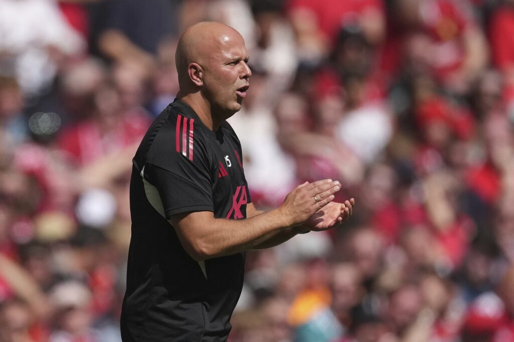 Liverpool's manager Arne Slot reacts during the FA Community Shield final soccer match between Liverpool and Crystal Palace at Wembley Stadium in London,Sunday, Aug. 10, 2025. (AP Photo/Dave Shopland)