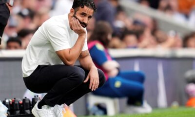Manchester United manager Ruben Amorim reacts on the touchline during the English Premier League soccer match between Fulham and Manchester United at Craven Cottage, in London, Sunday Aug. 24, 2025. (Adam Davy/PA via AP)
