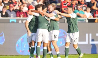 Hibernian players celebrates after scoring during the Europa League qualifying soccer match between MC Midtjylland and Hibernian at MCH Arena in Herning, Denmark, Thursday, July 24, 2025. (Bo Amstrup/Ritzau Scanpix via AP)