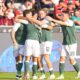 Hibernian players celebrates after scoring during the Europa League qualifying soccer match between MC Midtjylland and Hibernian at MCH Arena in Herning, Denmark, Thursday, July 24, 2025. (Bo Amstrup/Ritzau Scanpix via AP)
