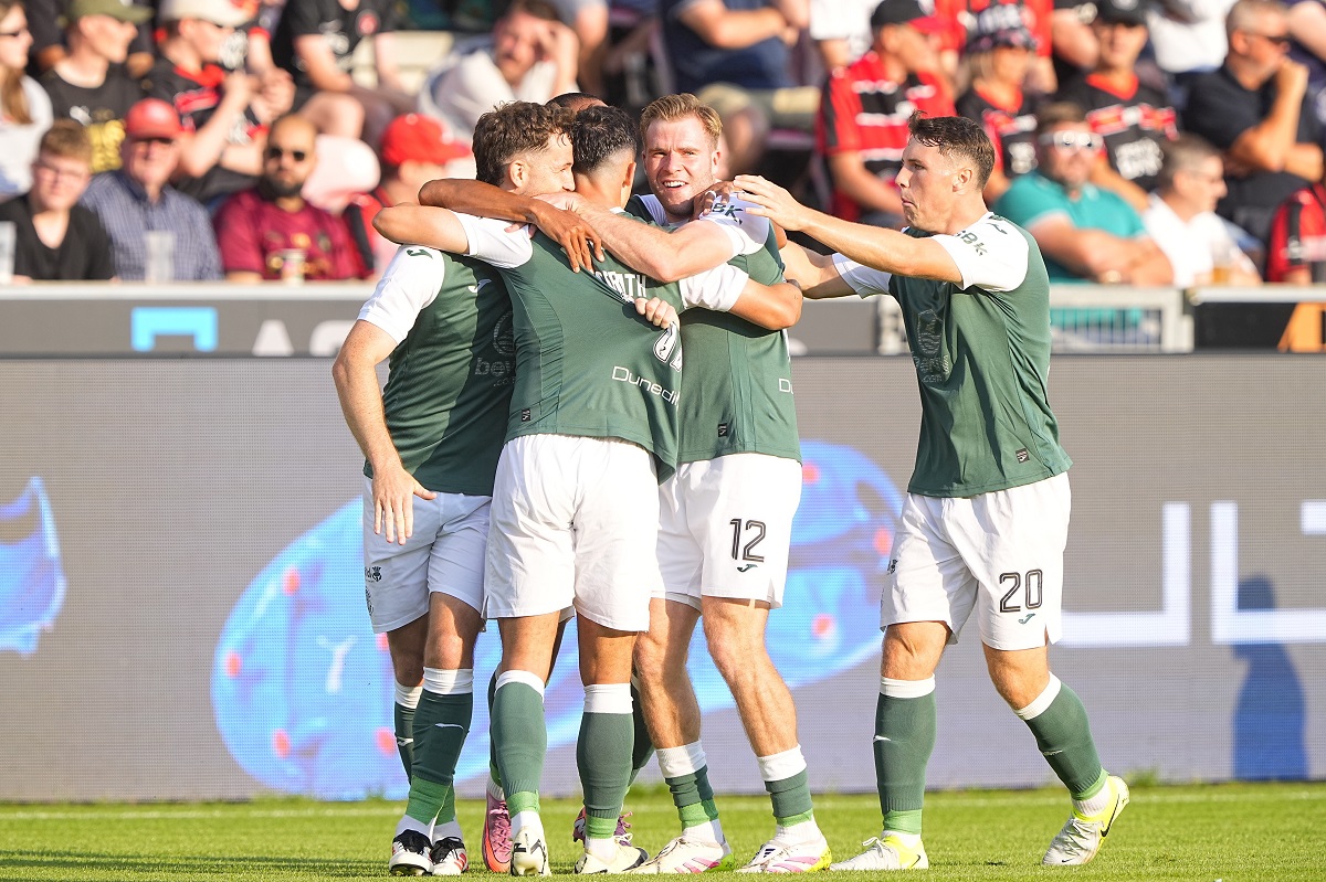 Hibernian players celebrates after scoring during the Europa League qualifying soccer match between MC Midtjylland and Hibernian at MCH Arena in Herning, Denmark, Thursday, July 24, 2025. (Bo Amstrup/Ritzau Scanpix via AP)