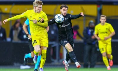 Bodo Glimt's Jens Petter Hauge, left, Sturm Grazs Otar Kiteishvili battle for the ball during a UEFA Champions Leauge soccer match, Wednesday, Aug. 20, 205, in Bodo, Norway. (Mats Torbergsen/NTB Scanpix via AP)